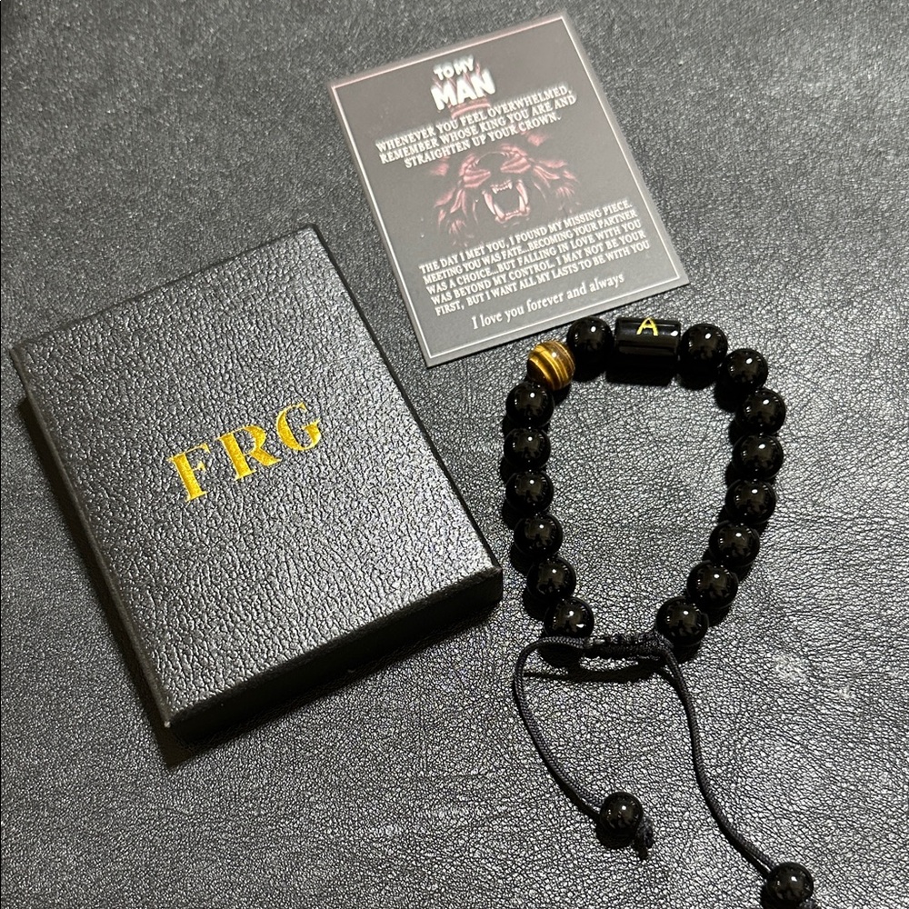 35.  To My Man Initial “A” Black Glass & Tiger Eye Bead Adjustable Bracelet NEW